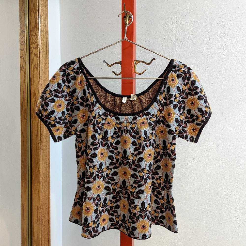 Anthropologie Month Sweater Shirt Scoop Neck Floral Yellow Blue Large